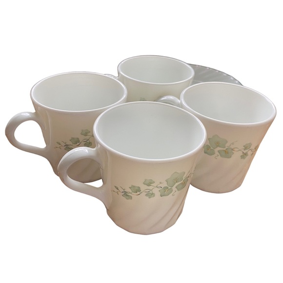 Set of 4 Corningware Callaway (Corelle) Green Ivy Pattern Cups with Saucers - Picture 4 of 6